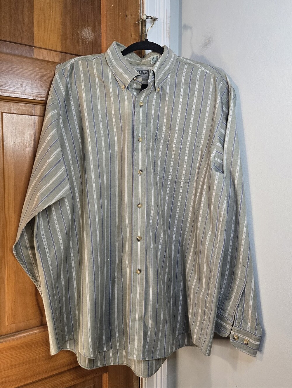 L.L. Bean Men’s Button-Down Shirt in Sage With Cream And Blue Stripes
